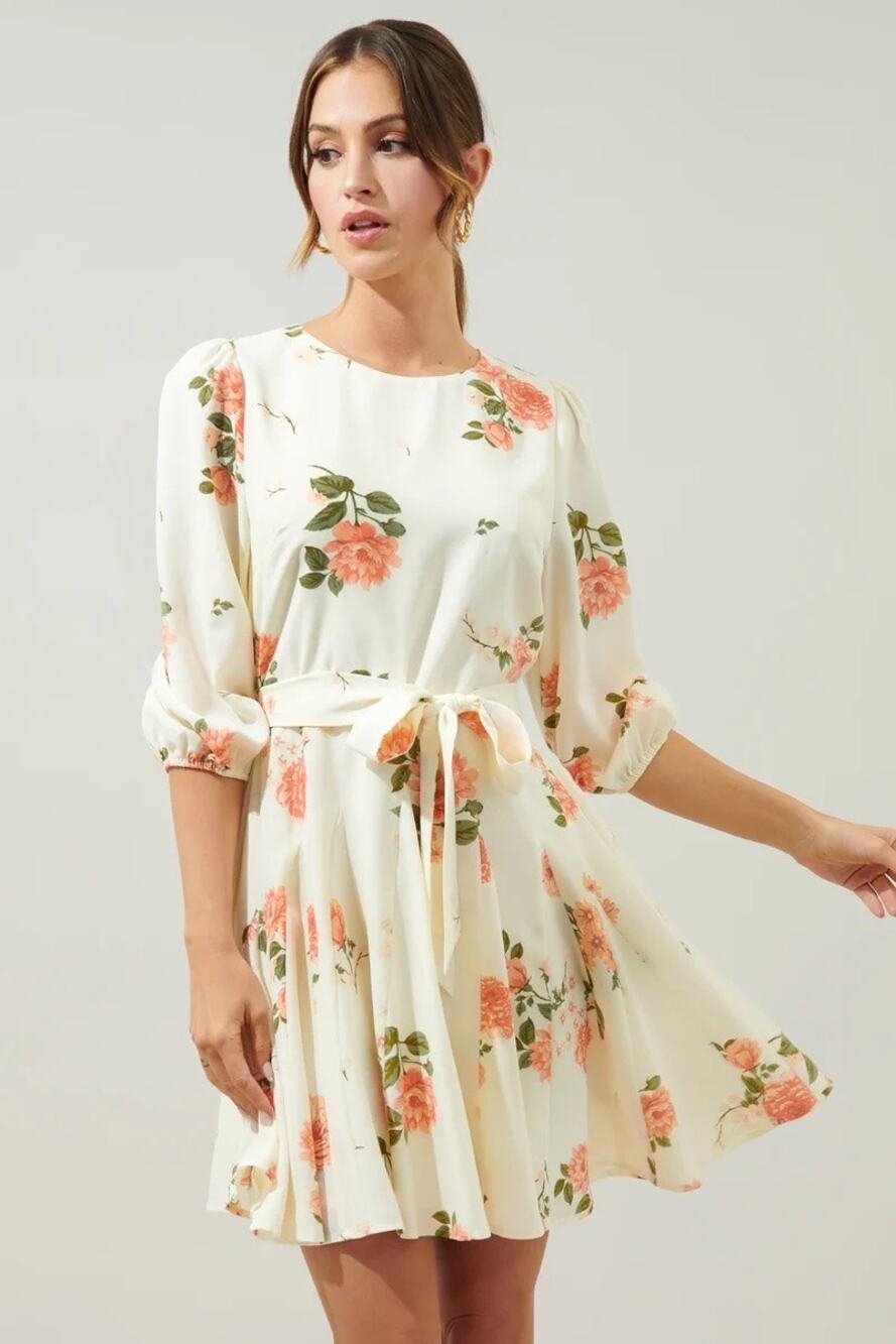 Sugarlips Cream Morning Blush Floral Collins Godet Tie Waist Mini Dress Size 1X